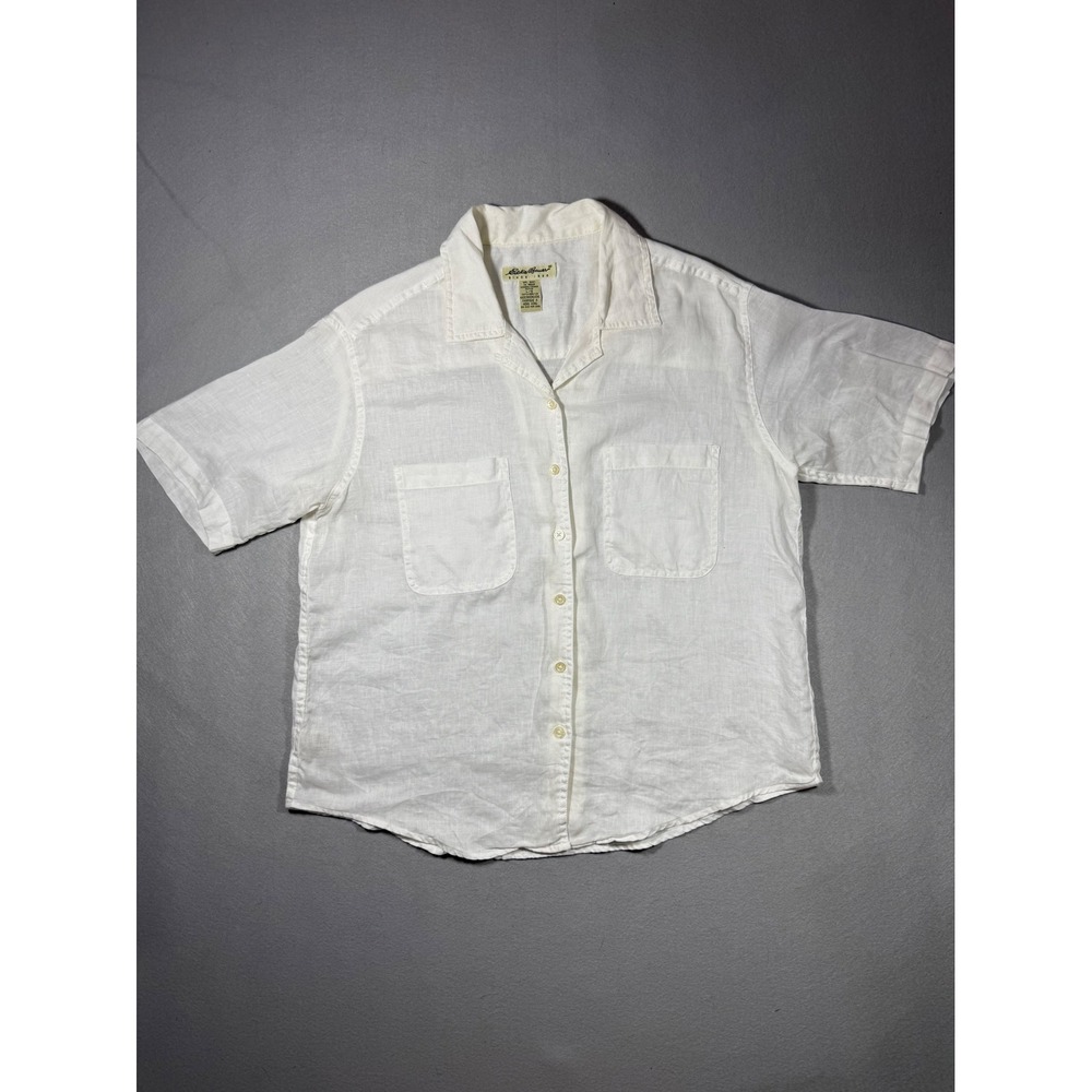 90s Nautical Eddie Bauer 100% Linen Short Sleeve Button Down Shirt Large Petite